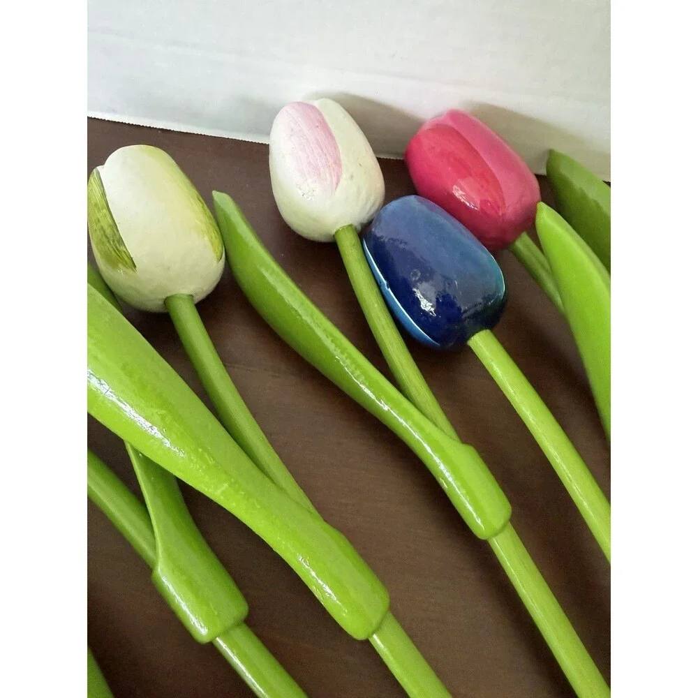 Set 8 Tall Wooden Tulips 11-13'' Wood Tulip Flowers Holland Bright Handmade READ